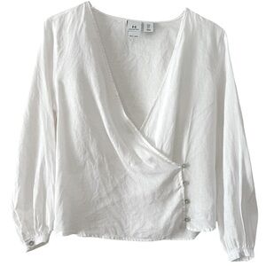 100% Linen H By Halston White Long Sleeve V-neck Wrap Style Blouse Size Small